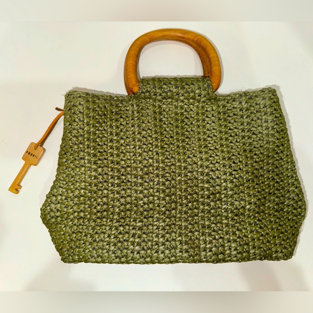 Fossil Green Knit Boho Straw Raffia Handbag with Wood Handles